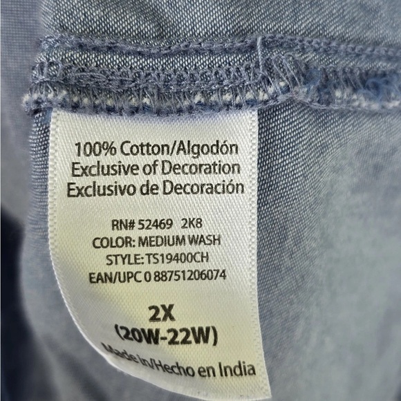 Terra Sky Chambray Blouse 2X Plus Blue Off-Shoulder Women FlareSleeve Embroidery - Picture 10 of 11